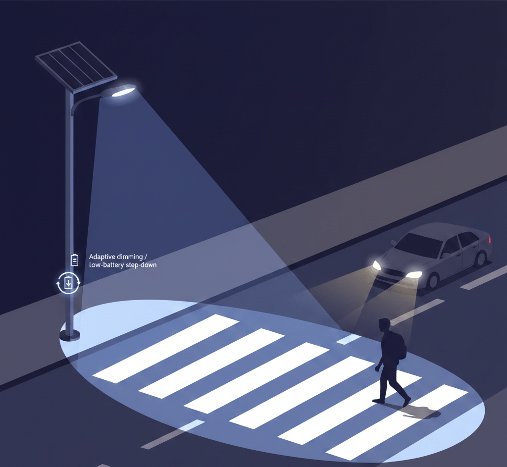 Solar street lighting controls keeping crosswalk lighting bright while midblock areas dim