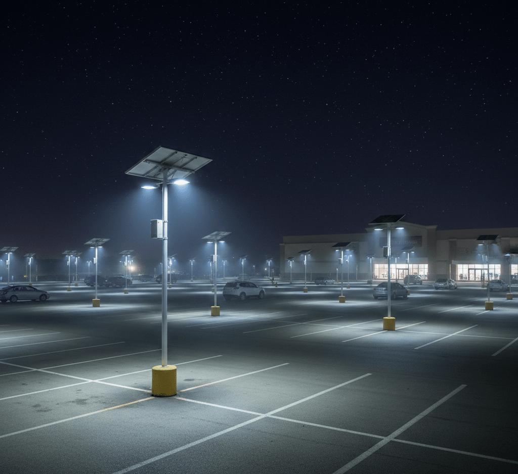 Solar-powered parking lot lighting showing uniform illumination and reduced glare at night