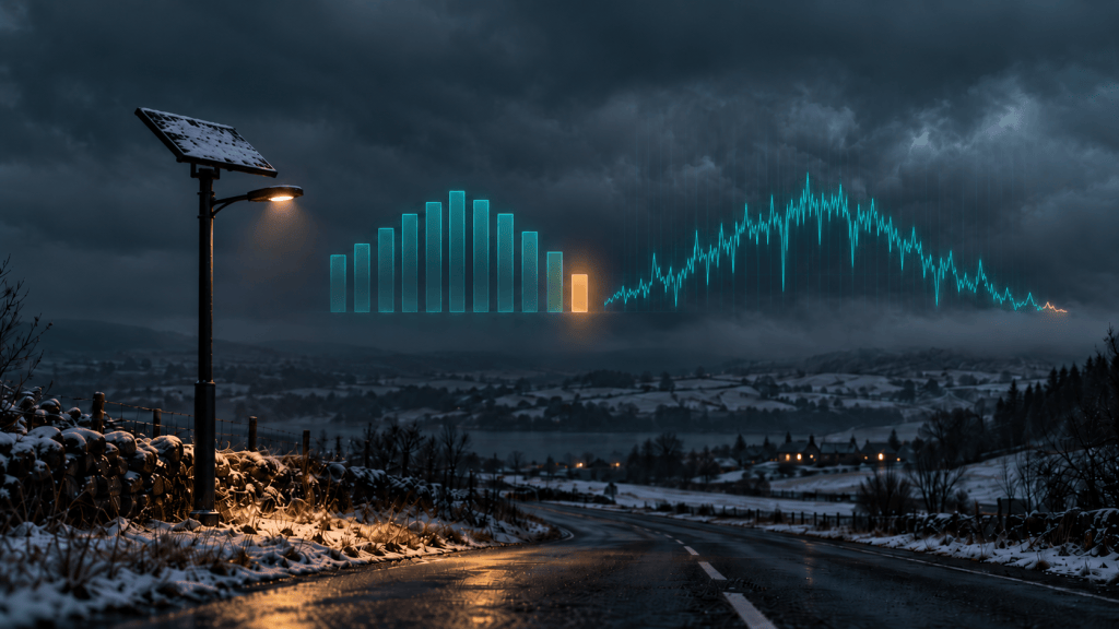Tidy bar chart with a golden halo beside a jagged daily sun line, in front of a dim solar street light on a snowy road.